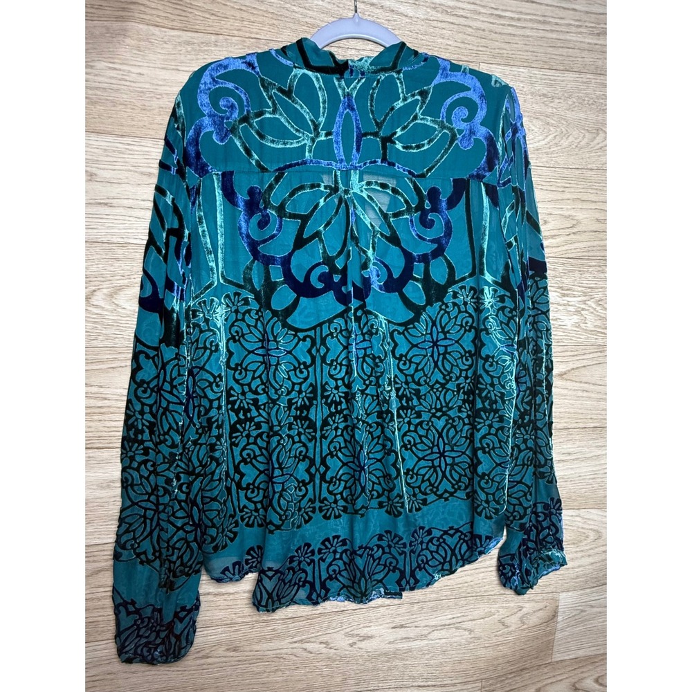 Hale Bob Velvet Burnout Teal Boho Blouse L Luxe Festival Silk Floral 2INT2981 - Picture 3 of 6